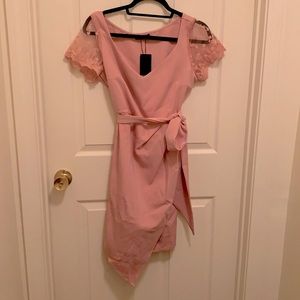 Blush asymmetrical dress with lace sleeves